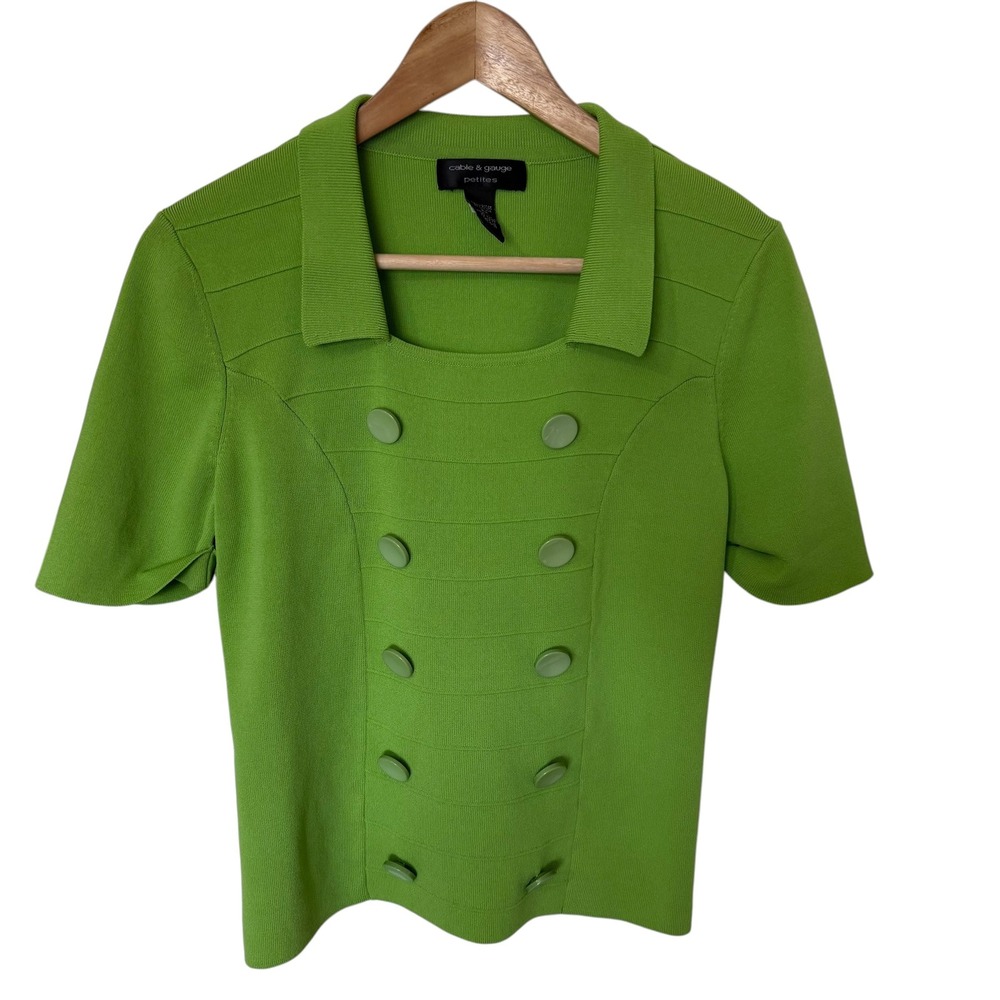 Cable & Gauge Knit Top Women PM Green Good Double Breasted Short Sleeve Square